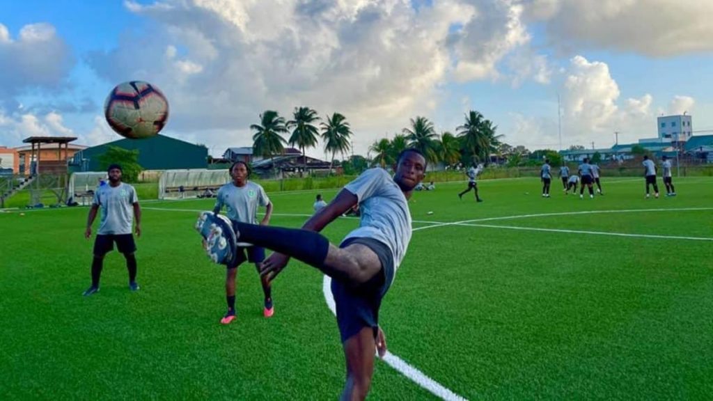 Guyana's footballers train for the FIFA World Cup qualifier against Trinidad and Tobago. - 