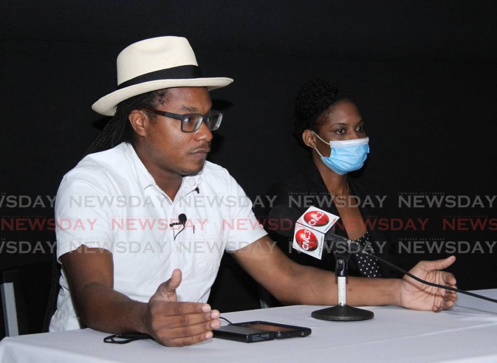 Calypsonian Myron Bruce explains the Carnival Champions concept to members of the media at IMax, One Woodbrook Place, Woodbrook, on Monday. - Angelo Marcelle