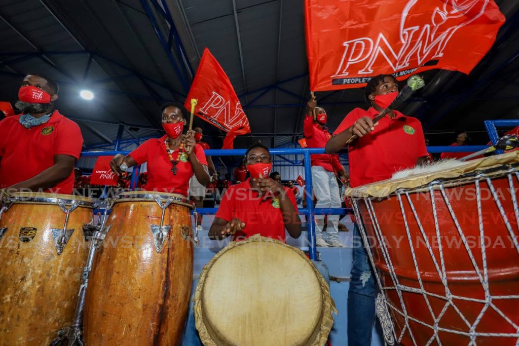 Jabali Entertainers drummers sound the battle cry for PNM during a meeting at Cyd Grad Sporting Complext, Roxborough on Thursday. PHOTO BY JEFF MAYERS - 