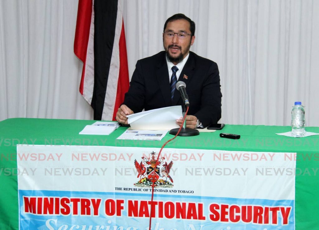 National Security Minister Stuart Young addresses reporters at a briefing on the new border exemption policy at the ministry in Port of Spain on Friday. PHOTO BY ANGELO MARCELLE  