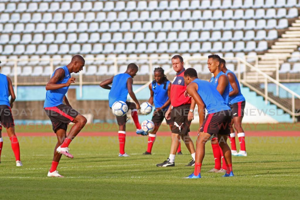 TT senior men's football members take part in a training session, at the Ato Boldon Stadium, Couva.  - Marvin Hamilton