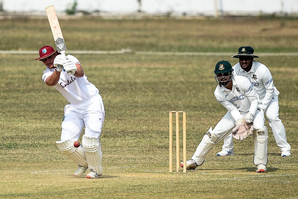 West Indies' wicketkeeper Joshua Da Silva (L) plays a shot during a tour match against Bangladesh Cricket Board XI at the MA Aziz Stadium in Chittagong on Sunday.  - (AFP PHOTO)