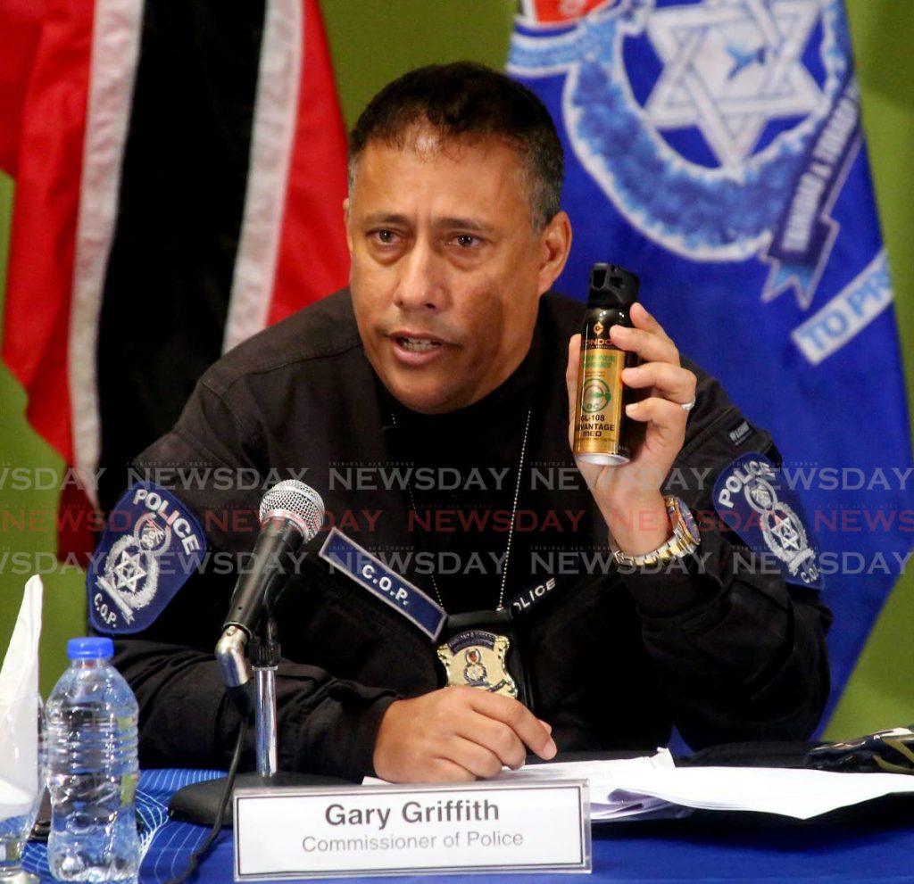 In this file photo, Police Commissioner Gary Griffith speaks about the use of pepper spray as a non-lethal defensive weapon which can be used to ward off attackers during a press briefing at Police Administration Building. - SUREASH CHOLAI