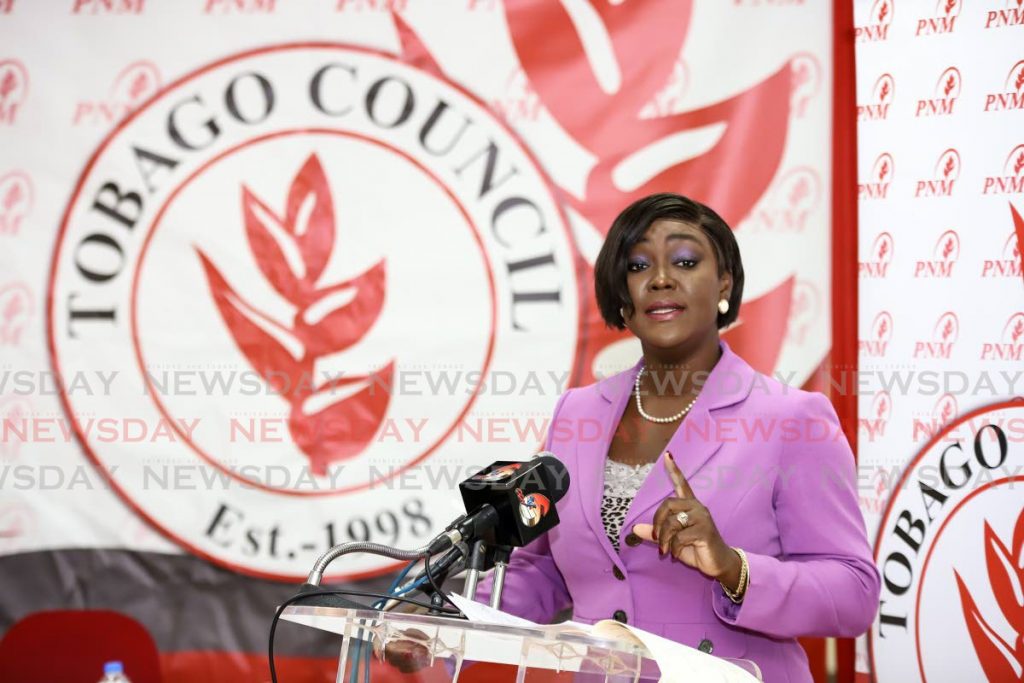 PNM Tobago Council political leader Tracey Davidson-Celestine at a recent press conference in Tobago. - Jeff Mayers