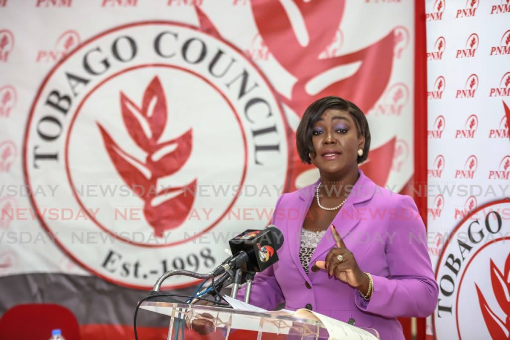 PNM Tobago Council leader Tracy Davidson-Celestine on Tuesday denied any wrongdoing in the controversial zipline project at a press conference in Scarborough on Tuesday. PHOTO BY JEFF K MAYERS - 