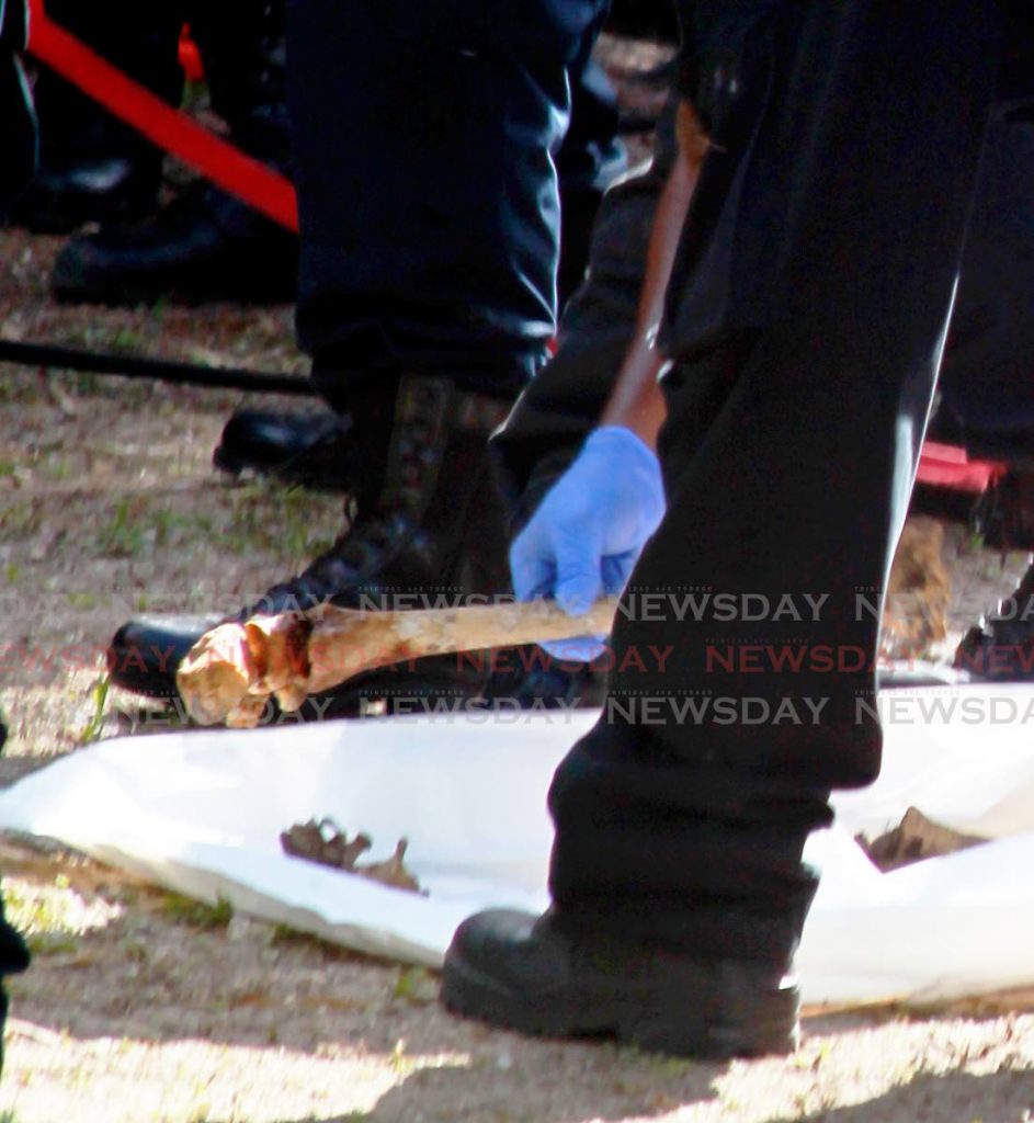 RETRIEVED: An officer places a large bone, resembling that of a femur, into a body bag on Sunday at the Heights of Aripo. PHOTOS BY ROGER JACOB - 