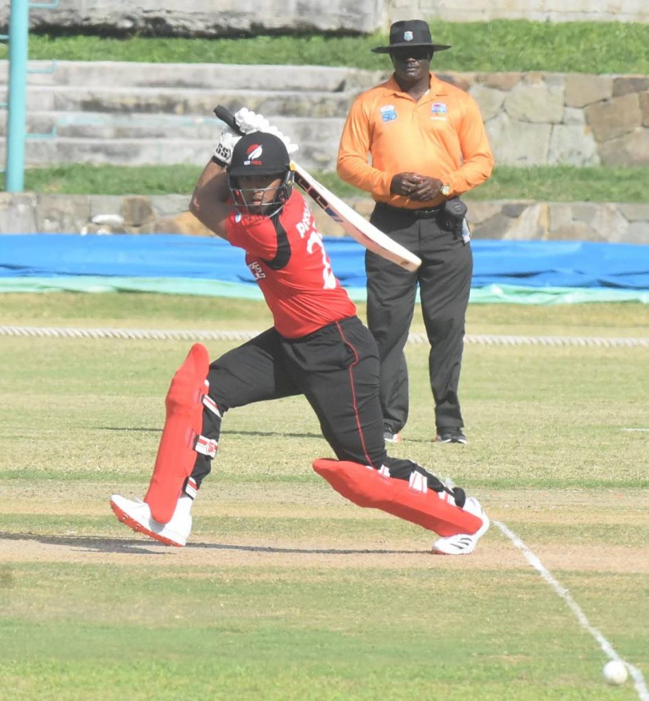 TT Red Force batsman Nicholas Pooran plays a shot against the Jamaican Scorpions, during their match, at the CWI Super50 tournament, at the Sir Viv Richards Stadium, Antigua, on Feb 11. - CWI Media