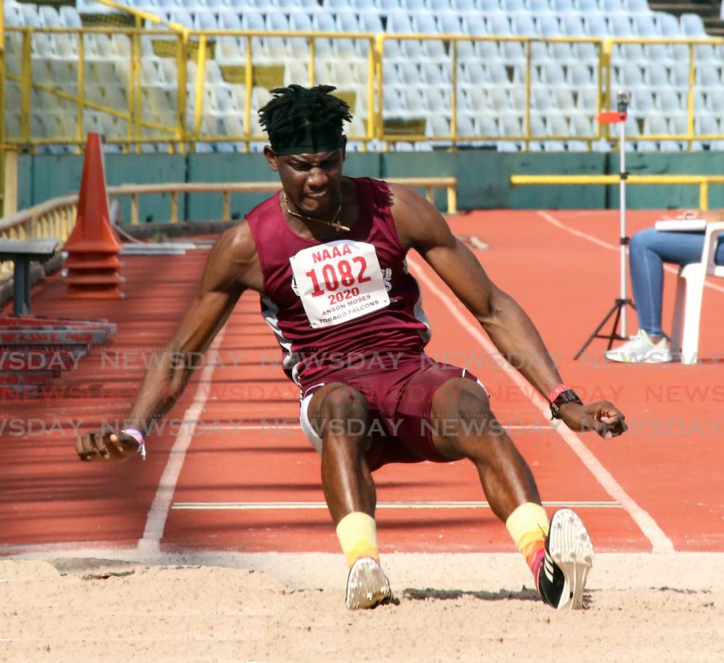 Tobago Falcons’ Anson Moses competes, om Sunday, in a long jump event, at the NAAA’s track and field test event, at the Hasely Crawford Stadium, Port of Spain. - SUREASH CHOLAI
