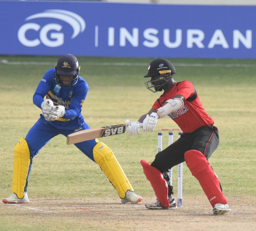 TT Red Force batsman Jason Mohammed, right, attempts a cut shot against Barbados Pride in the CG Insurance Super50 tournament in Antigua, on Monday.  - CRICKET WEST INDIES