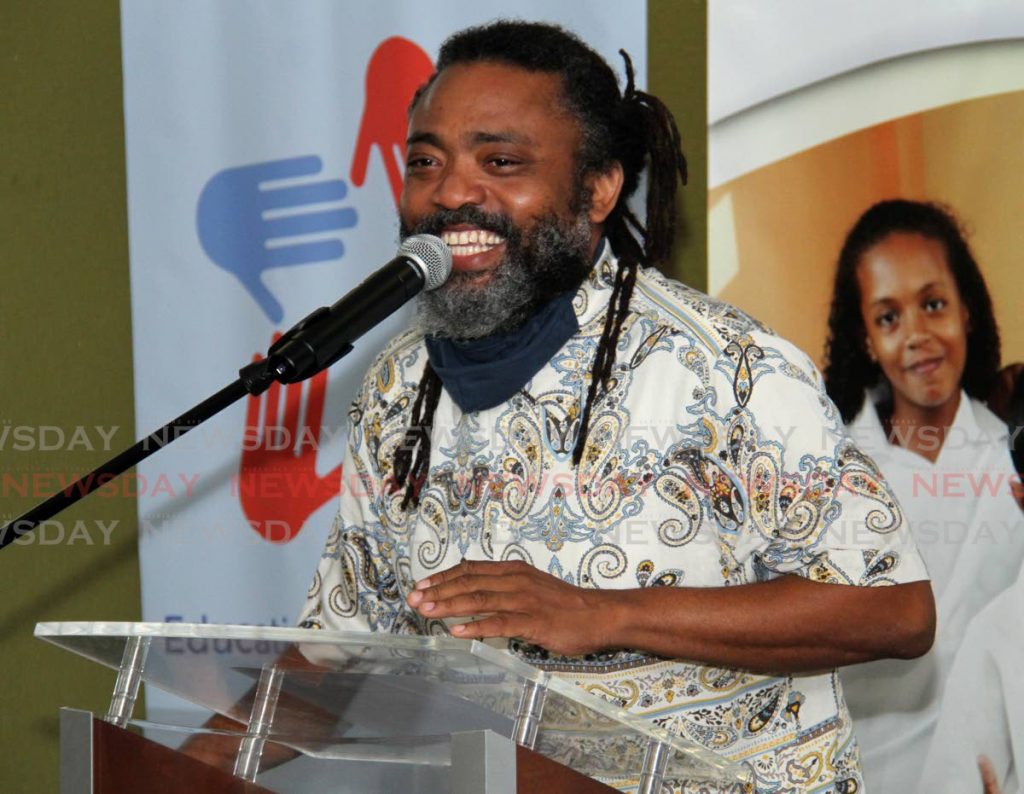 Machel Montano speaks on behalf of the Machel Montano Foundation for Greatness during the certificate distribution for online content delivery at the Ministry of Education on St Vincent Street, Port of Spain.  - Ayanna Kinsale