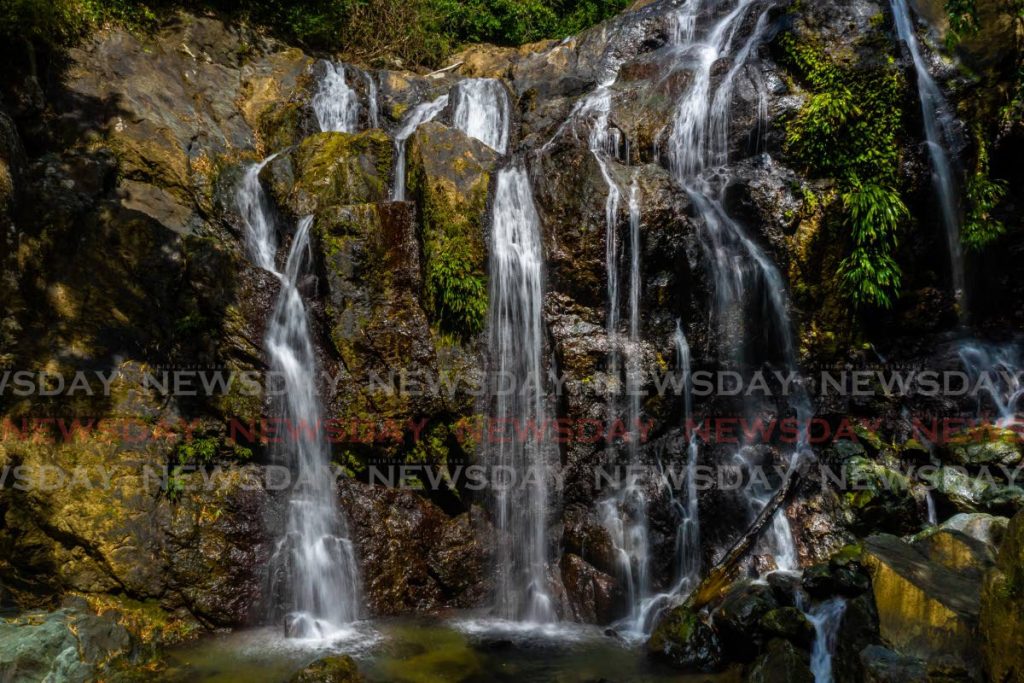 White water cascades over the rocks into one of the pools at Argyle Falls, Roxborough, Tobago. Photos by Jeff Mayers