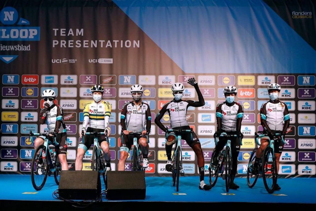 TT’s Teniel Campbell, fourth from left, alongside her new Team BikeExchange club mates at the Omloop Het Nieuwsblad’s women elite race team presentation in Belgium, on Saturday. - GETTY IMAGES