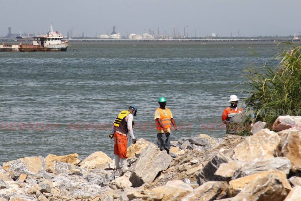 Coastal stabilisation works along the coastline of King's Wharf, San Fernando as work continues on the San Fernando waterfront project. Photo by Lincoln Holder