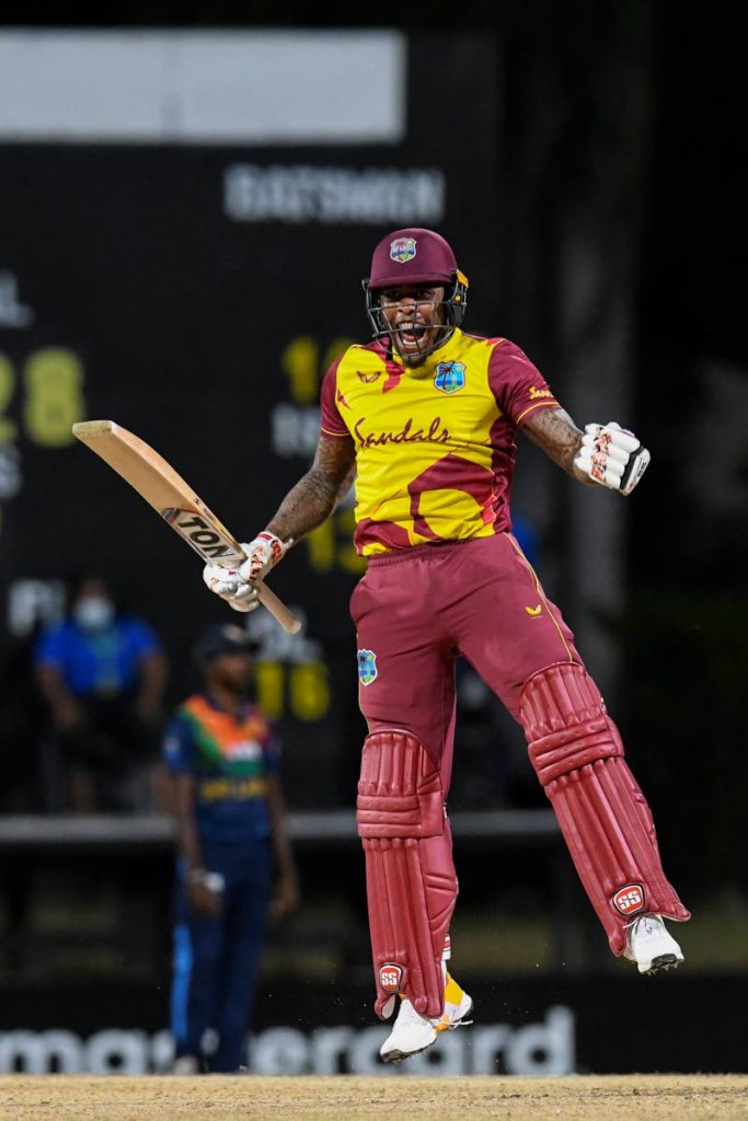 Fabian Allen of West Indies celebrates winning the 3rd and final T20i match against Sri Lanka at Coolidge Cricket Ground in Osbourn, Antigua, on Sunday. (AFP PHOTO) - 