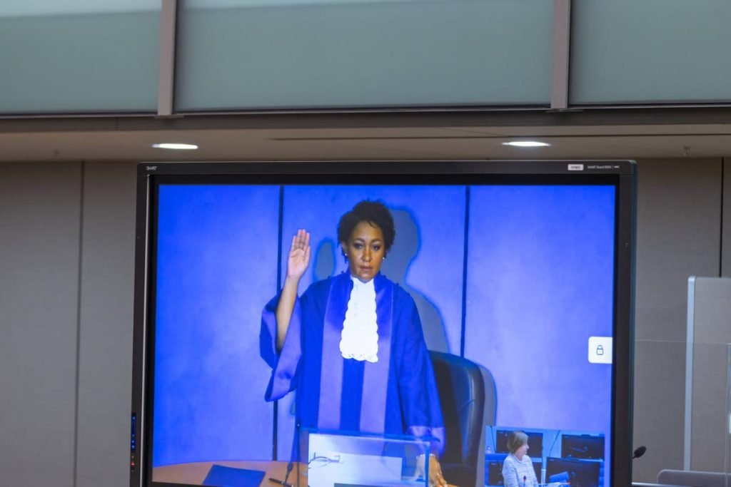 Justice Althea Alexis-Windsor takes the oath of office, virtually, as a judge of the International Criminal Court during a ceremony at The Hague, Netherlands, on Wednesday. - International Criminal Court