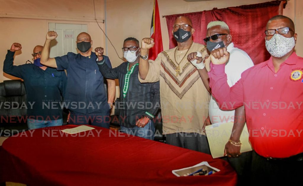 From left: Ozzie Warrick, OWTU; Ancel Roget, OWTU; Watson Duke, PSA; Michael Annisette, NATUC; James Lambert, NUGFW; and Christopher Streete, NUGFW, at a press conference at the NUGFW Headquarters, Henry Street, Port of Spain, Wednesday. - ROGER JACOB