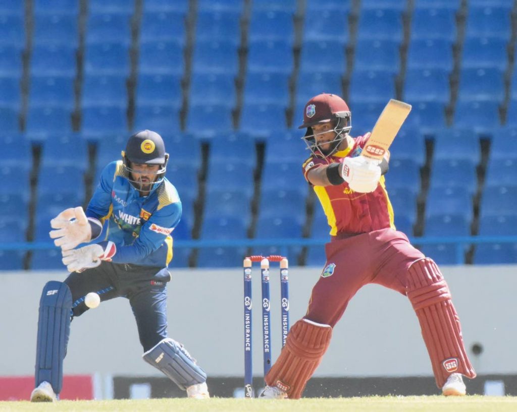 West Indies batsman Shai Hope bats during the first One Day International against Sri Lanka at Sir Vivian Richards Stadium in Antigua, on Wednesday. PHOTO BY CWI MEDIA/PHILIP SPOONER  