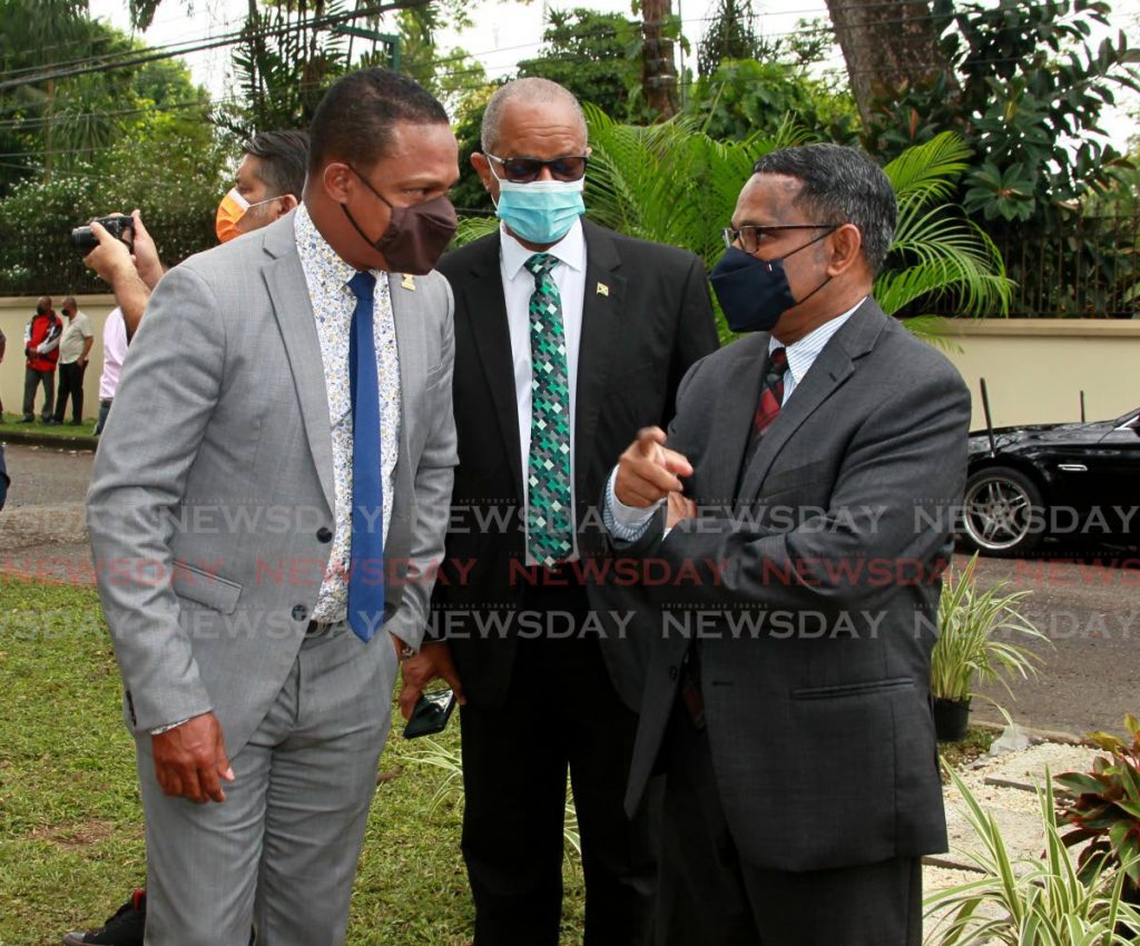 Trinidad and Tobago's (TT) Minister of Foreign and Caricom Affairs Dr Amery Browne, left, in conversation with India's High Commissioner to TT Arun Kumar Sahu and Jamaican High Commissioner to TT Arthur Williams at the unveiling of the Commonwealth Garden at Wildflower Park, in St Clair, on Friday. PAHO on Friday said Jamaica is due to receive covid19 vaccines from the Covax facility this week. PHOTO BY ROGER JACOB - 