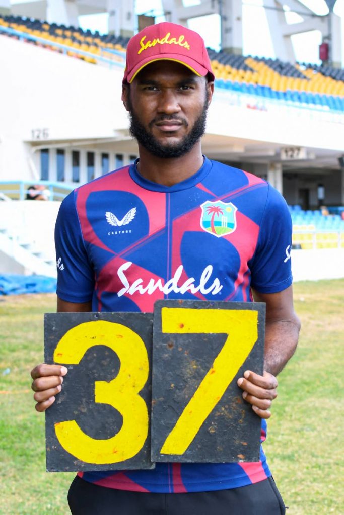 Kraigg Brathwaite shows the numbers 37 on Friday as he became the 37th West Indies’ Test captain, during the 2nd ODI match between West Indies and Sri Lanka, at the Sir Vivian Richards Cricket Stadium in North Sound, Antigua. 
AFP PHOTO - 