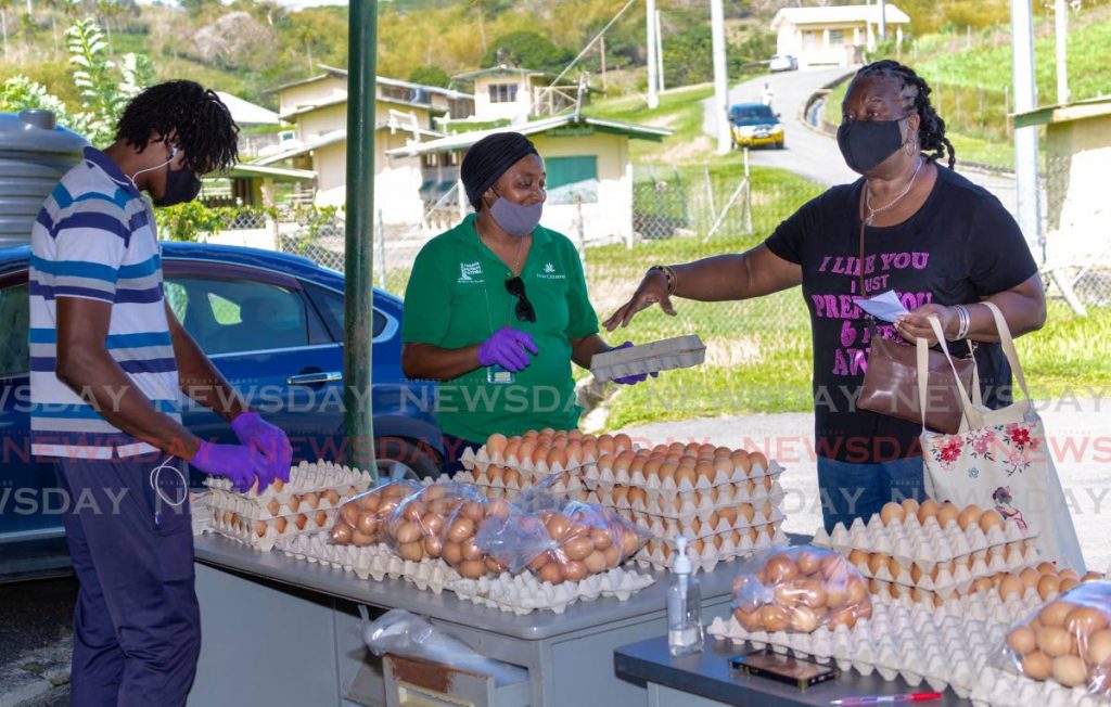 Kirthy Anne Cornwall Thomas, right, purchases a few dozen eggs at Hope Farm, Tobago on Tuesday. - FILE PHOTO