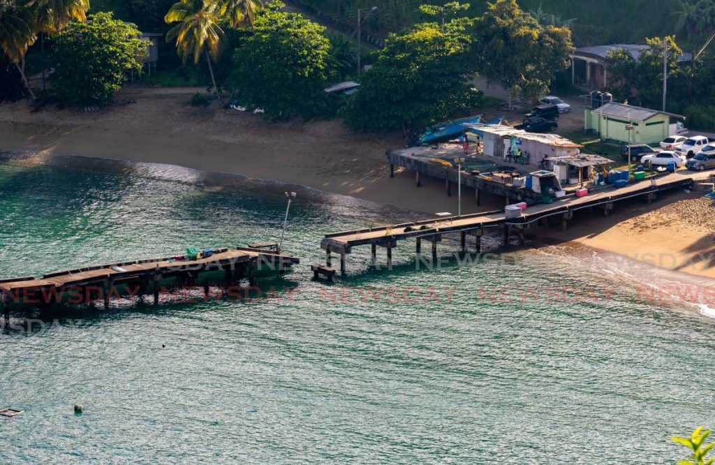 An aerial view of the broken Parlatuvier jetty. Fishermen are calling on the THA to provide a temporary solution. - DAVID REID 