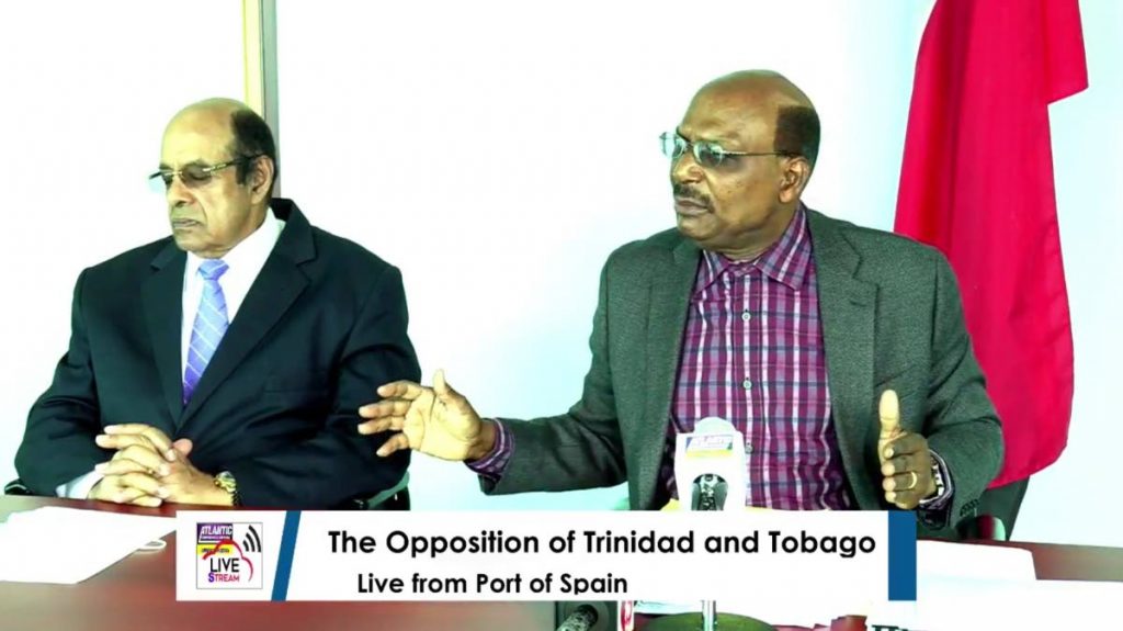 Former Caroni East MP Dr Tim Gopeesingh and Opposition Senator Wade Mark address the media at the Leader of The Opposition's office in Port of Spain on Sunday. - 