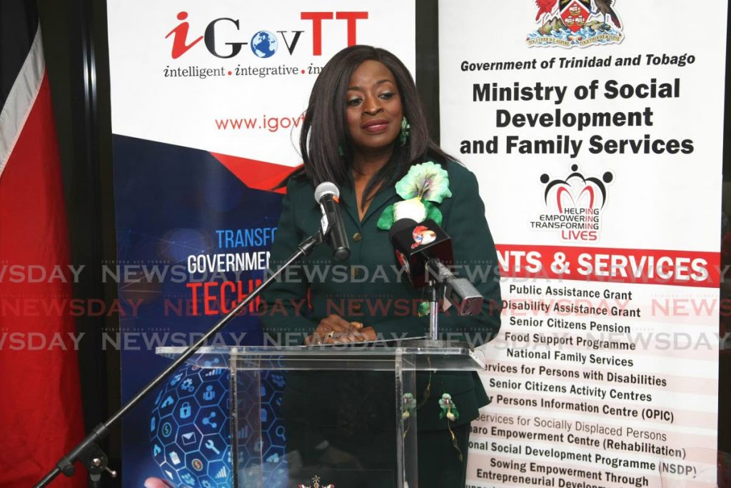 Minister of Social Development and Family Services Donna Cox speaks at the launch of the automated  senior citizens pension application process at the Chaguanas TTConnect office on the southern main road. - Lincoln Holder