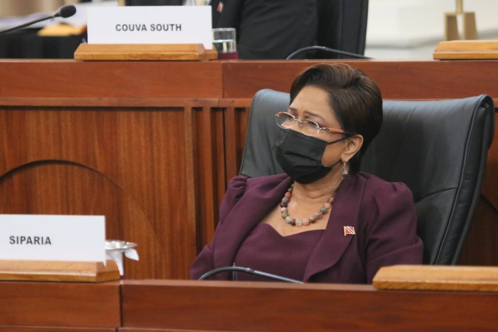 Opposition Leader Kamla Persad-Bissessar in Parliament on October 5, 2020. The Opposition boycotted Parliament on Friday over safety concerns relating to the Prime Minister's covid19 status. - Photo courtesy Office of the Parliament