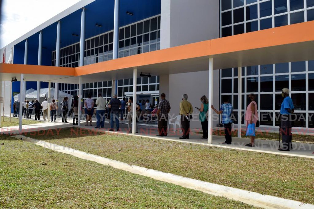 In this file photo, senior citizens line up at the Diego Martin Health Centre to register for dates to receive covid19 vaccines.  Photo by Vidya Thurab