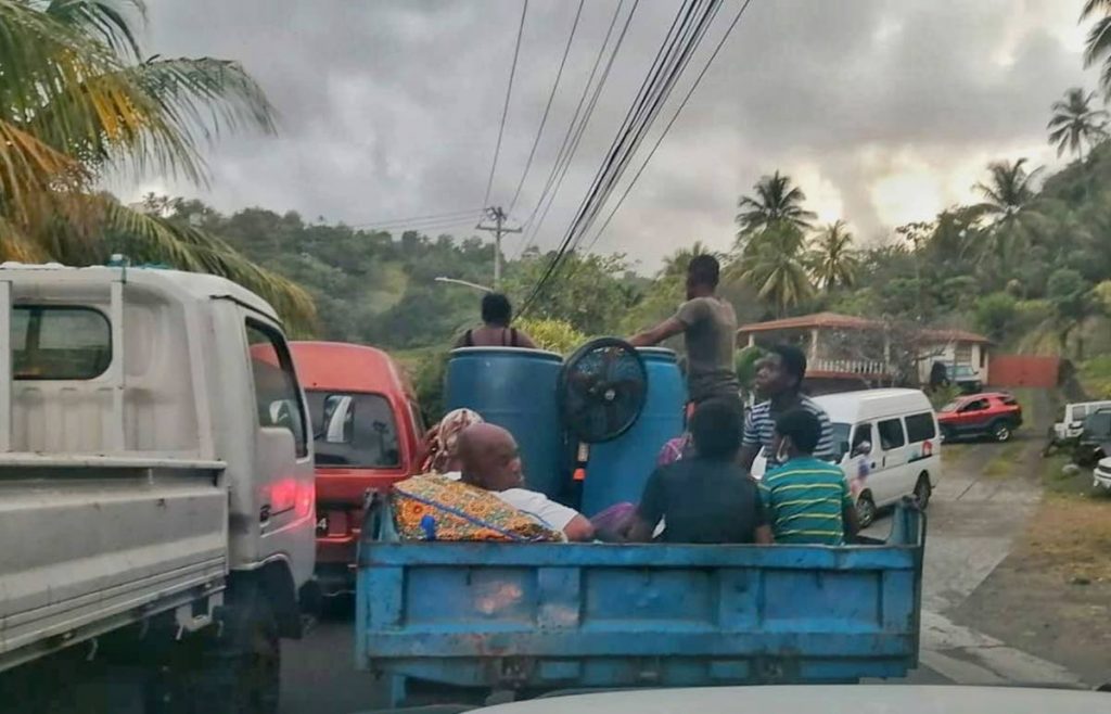 Residents of communities in north east St Vincent, around the La Soufriere, leave the area on Friday. - Photo courtesy Searchlight, St Vincent.