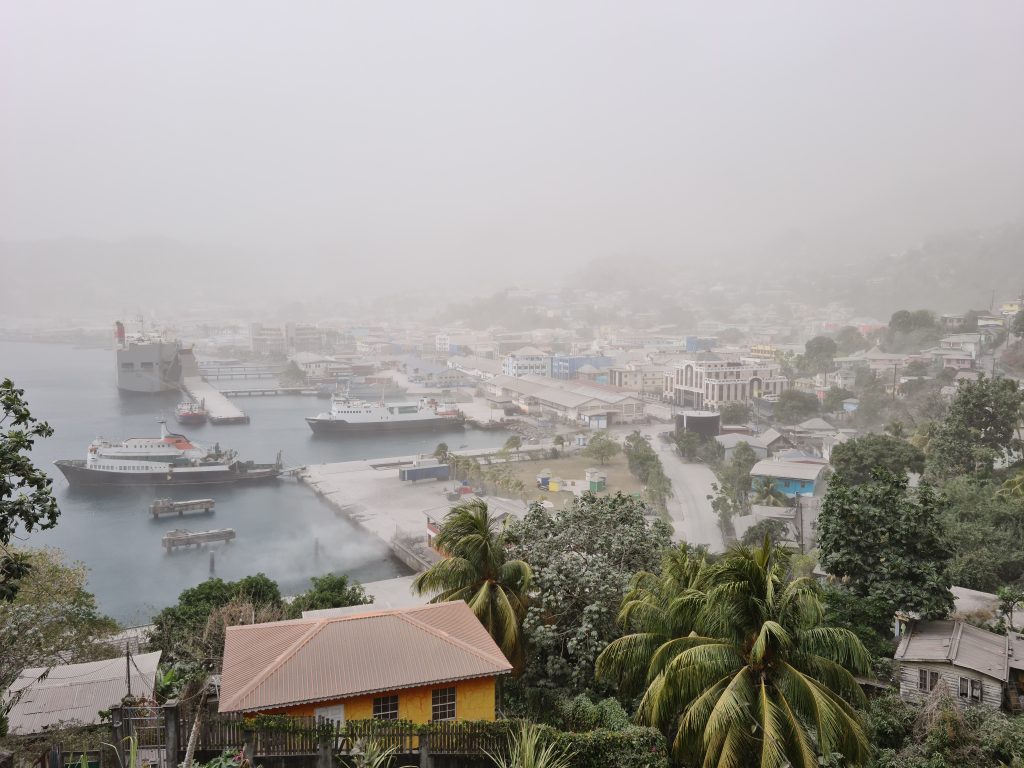 Kingstown, the capital of St Vincent and Grenadines, is covered in ash from La Soufriere volcano. Photo courtesy Janelle Allen 