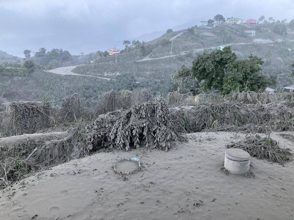  The view from the Belmont observatory in St Vincent as the eruption of the La Soufriere volcano continues. The volcano is hidden by the ashfall and deposits can be seen on surrounding vegetation and houses.  - Photo courtesy The UWI Seismic Research Centre