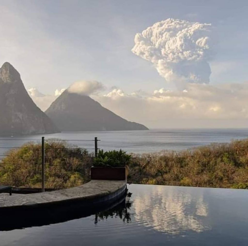 On the anniversary of the 1979 explosion of La Soufriere, St Vincent has experienced another explosion following three eruptions last Friday. USAID will donate US$100,000 in disaster relief to people affected. Captured from St Lucia. 
Photo courtesy: Sean Field