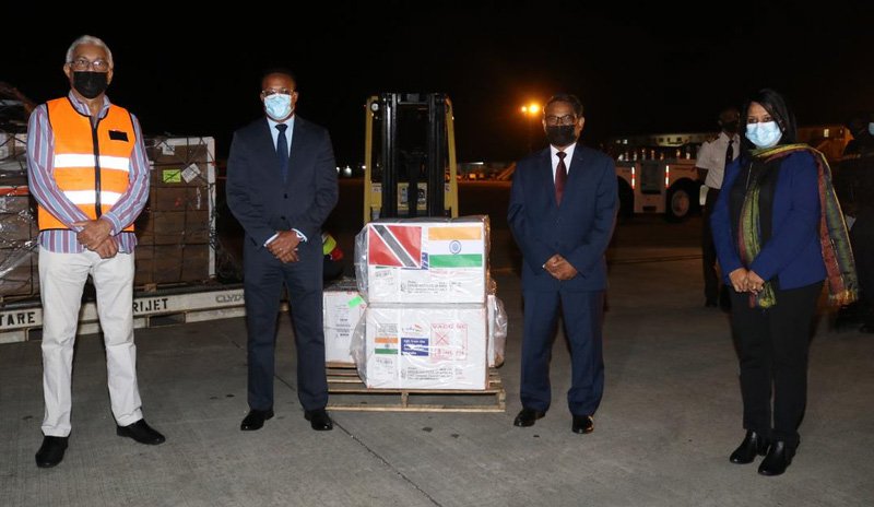 From left, Health Minister Terrence Deyalsingh, Minister of Foreign and Caricom Affairs Dr Amery Browne, High Commissioner to India Arun Kumar Sahu and acting Principal pharmacist of the Ministry of Health Anesa Doodnath-Siboo at Piarco airport after the arrival of 40,000 vaccines from India.

Photo courtesy Ministry of Foreign and Caricom Affairs 