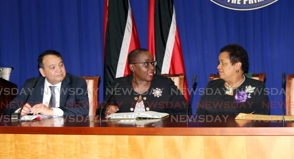 Energy Minister Franklin Khan, Planning and Development Minister Camille Robinson-Regis and Minister in the Ministry of Finance Allyson West during a news conference at the Office of the Prime Minister in St Clair in September 2018. File photo/Sureash Cholai  - 