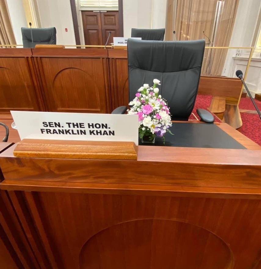 The Senate honoured deceased member Franklin Khan on Tuesday with flowers by his seat. - Office of the Parliament
