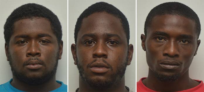 CHARGED: From left, PH driver Joshua Ramlakhan, Joel Williams and Terrence Robinson who appeared in court charged for raping a Venezuelan woman in October. Photos courtesy TTPS- 
