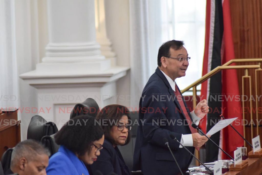 Energy Minister Franklin Khan addresses the Senate, alongside, from left, government senators Clarence Rambharat, Jennifer Baptiste-Primus, Paula Gopee-Scoon on Ferbuary 11, 2020. File photo/Vidya Thurab - 