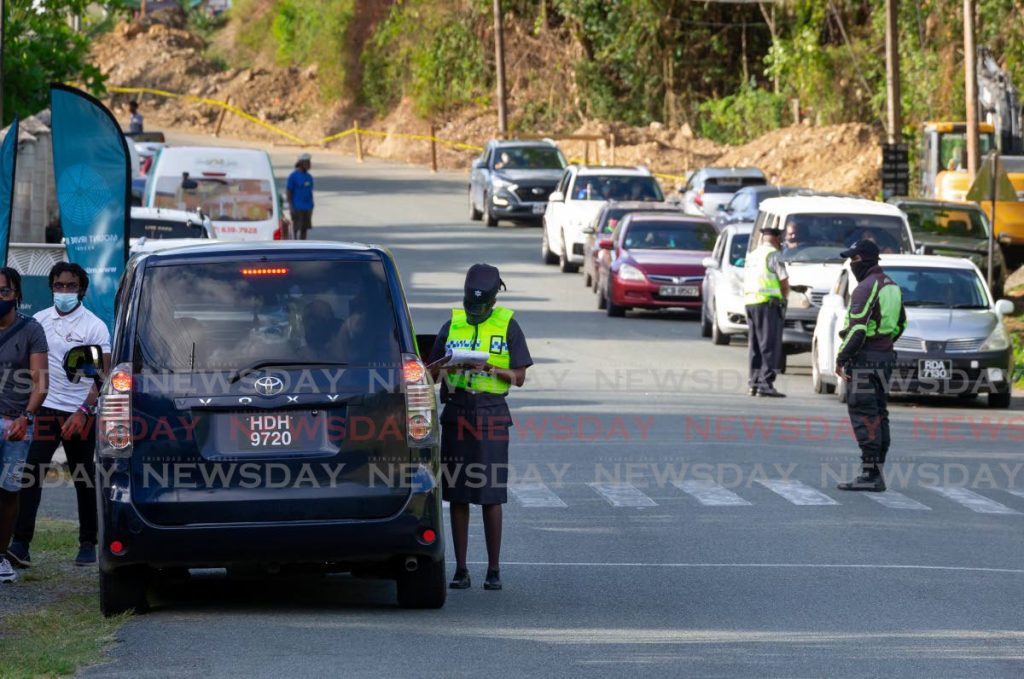 File photo of police officers during a road traffic exercise in April in Mt Irvine, Tobago.  Photo by David Reid