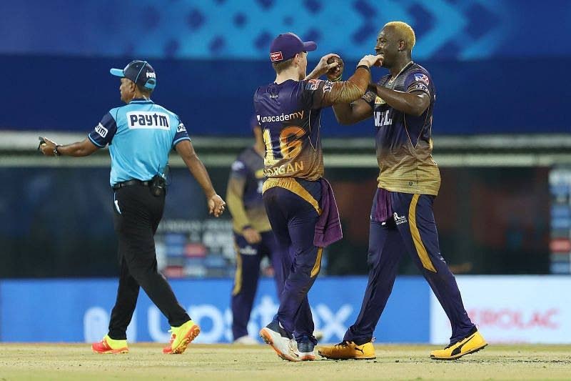 In this April 12, 2021 file photo, Kolkata Knight Riders' Andre Russell (right) celebrates with his captain Eoin Morgan during an IPL match against Sunrisers Hyderabad. - 