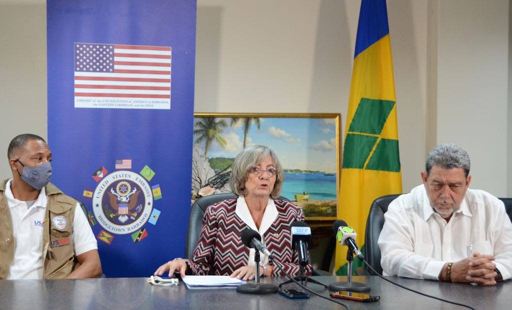 US Ambassador to Barbados Linda Taglialatela,  centre, and Prime Minsiter of St Vincent and the Grenadines at a press briefing on Friday. - Photo courtesy US Embassy in Barbados