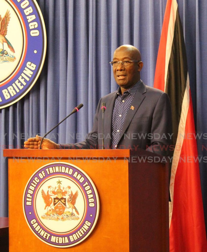 Prime Minister Dr Rowley announces state of emergency at press conference. Photo courtesy Office of the Prime Minister - Photo courtesy Office of the Prime Minister