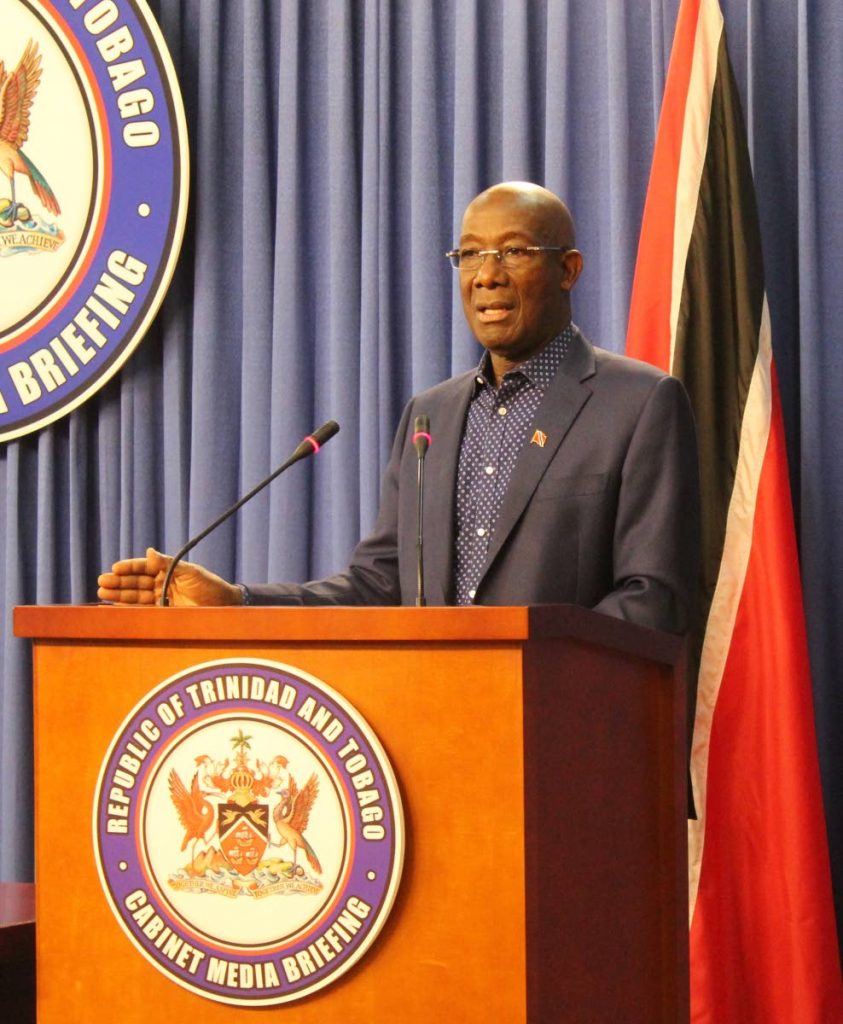 File photo: Prime Minister Dr Keith Rowley at Saturday's press conference at the Diplomatic Centre, St Ann's. - Photo courtesy Office of the Prime Minister