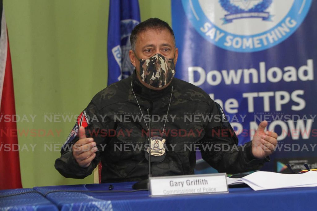 Commissioner of Police, Gary Griffith addressing the nation on Monday at the Police Administration Building, Port of Spain.  - Photo of Marvin Hamilton