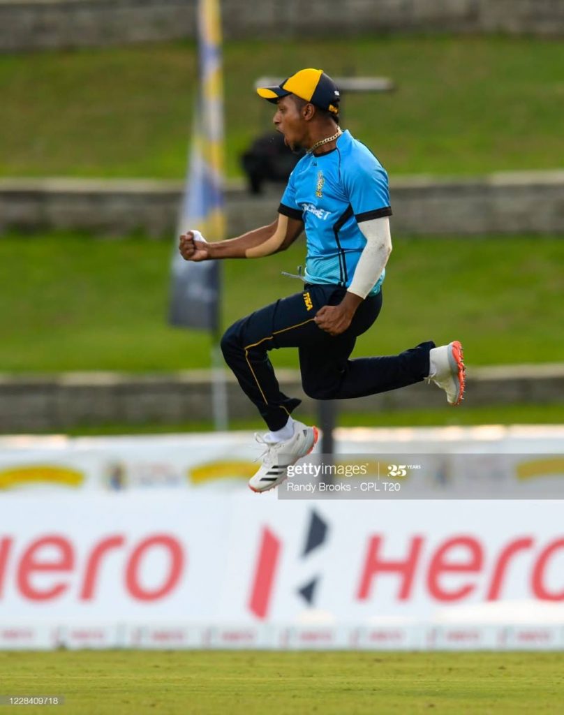 A high-flying St Lucia Zouks player Mark Deyal celebrates a wicket at last year's CPLT20 tournament.  - 