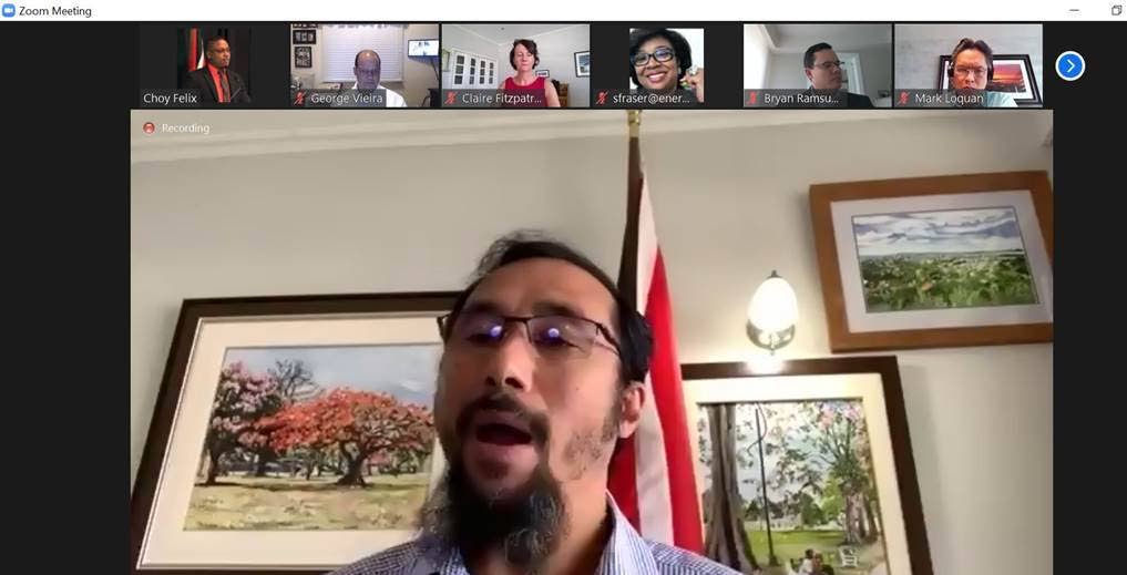 A screenshot of the virtual meeting hosted by Energy Minister Stuart Young with energy stakeholders to discuss covid19 vaccines. - Energy Ministry