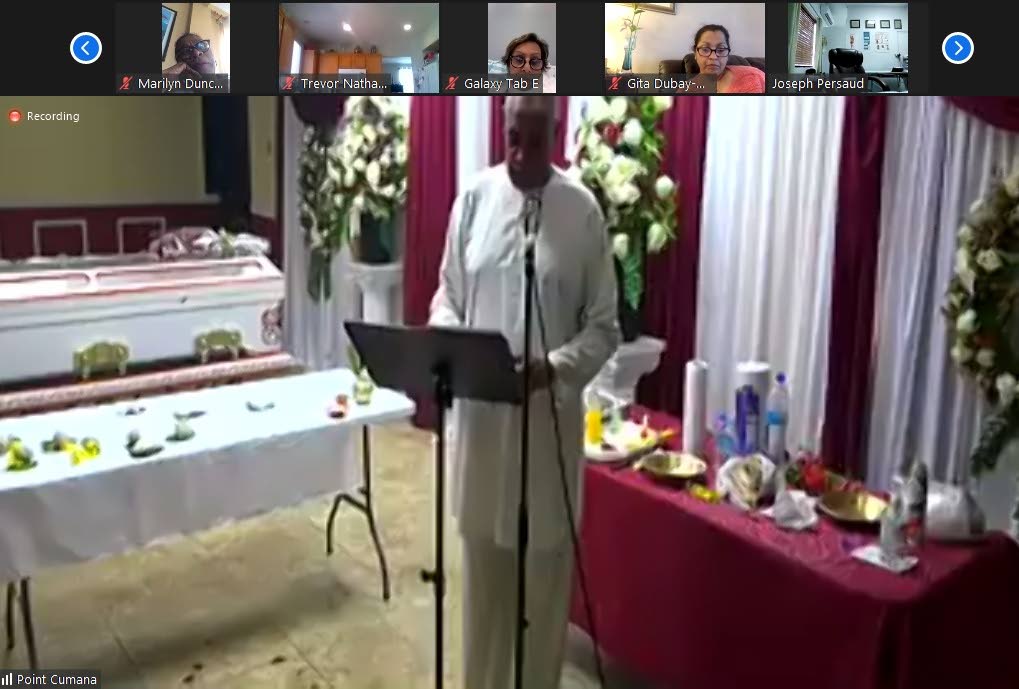 A screengrab from the virtual funeral service of Dr Shival Seunarine. - 
