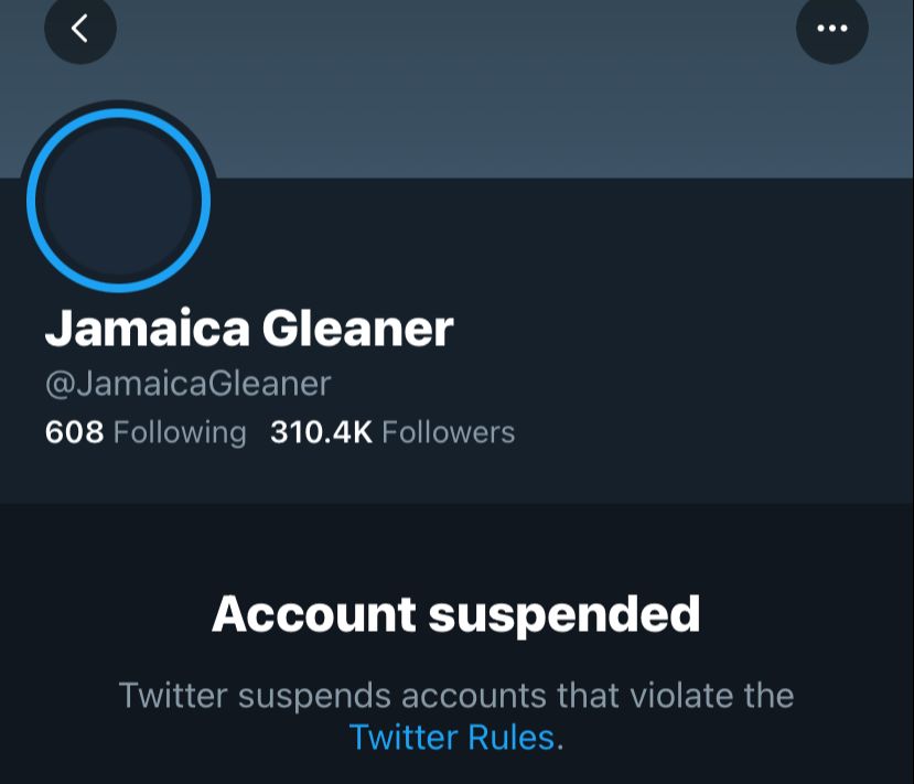 A screenshot of the Jamaican Gleaner's suspended Twitter account.