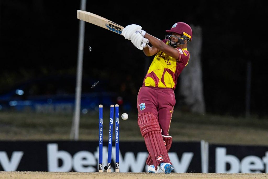 In this March 5, 2021 file photo, West Indies batsman Nicholas Pooran is bowled by Sri Lanka pacer Dushmantha Chameera during the 2nd T20 International between Sri Lanka and West Indies at Coolidge Cricket Ground, Osbourn, Antigua. (AFP PHOTO) - 