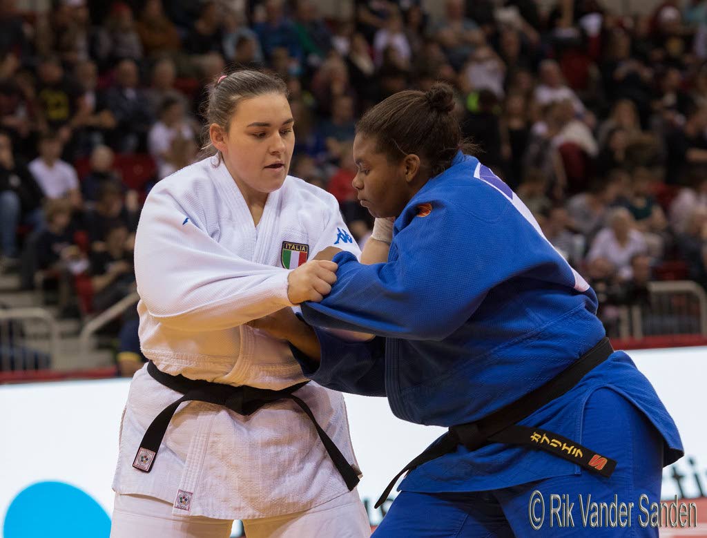 In this Feb 23, 2020 file photo, Italy's Eleonora Geri (L) and TT's Gabriella Wood take part in the 
Grand Slam Düsseldorf 2020, at the ISS Dome, Germany. 